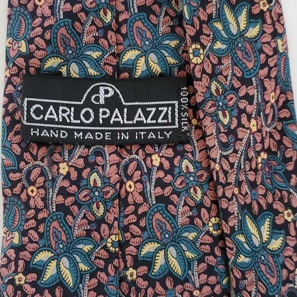 CARLO PALAZZI ITALY SILK HAND MADE TIE 3.25" FALL FLORAL BLACK BLUE  PIN… - Picture 3 of 6
